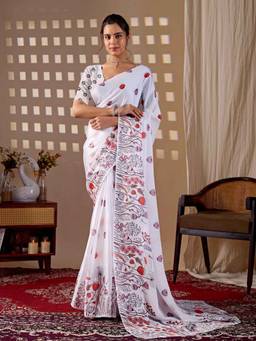 URBAN PALLU - Festive White Satin Jamdani Saree