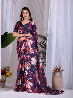 URBAN PALLU - Stylish Blue Floral Satin Jamdani Saree