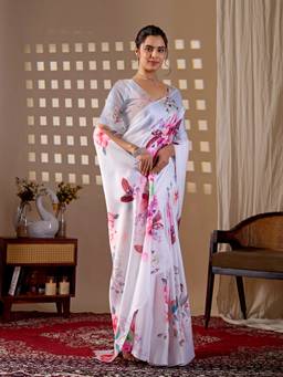 URBAN PALLU - Classic White Floral Satin Jamdani Saree