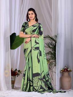 URBAN PALLU - Ethnic Green Floral Satin Jamdani Saree