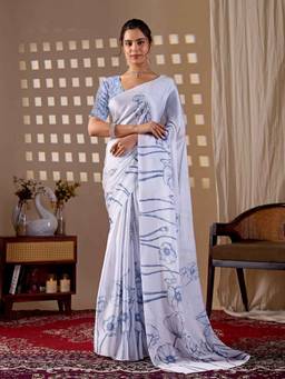URBAN PALLU - Trendy Grey Floral Satin Jamdani Saree