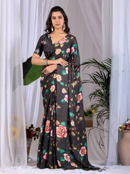 URBAN PALLU - Graceful Black Floral Satin Jamdani Saree