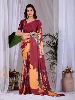 URBAN PALLU - Chic Maroon Floral Satin Jamdani Saree