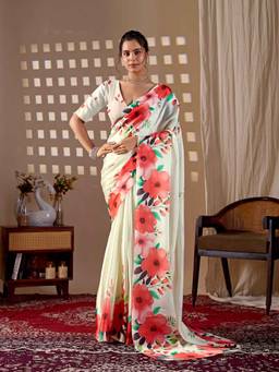 URBAN PALLU - Statement Cream Floral Satin Jamdani Saree