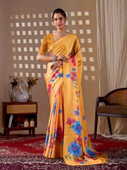 URBAN PALLU - Pretty Mustard Floral Satin Jamdani Saree