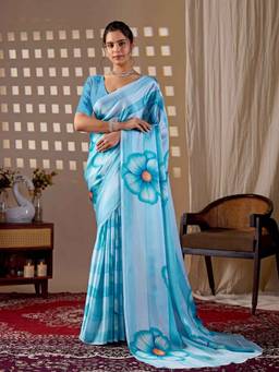 URBAN PALLU - Artistic Blue Floral Satin Jamdani Saree