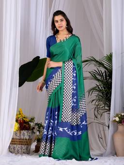 URBAN PALLU - Vibrant Green Geometric Satin Jamdani Saree