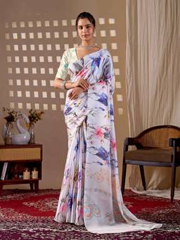 URBAN PALLU - Women's White Floral Satin Jamdani Saree
