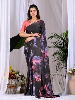 URBAN PALLU - Stylish Black Satin Jamdani Saree