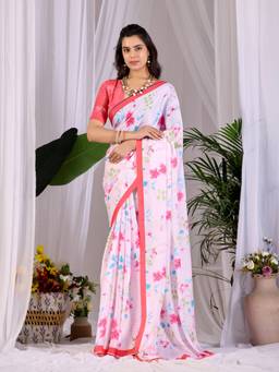 URBAN PALLU - Ethnic White Floral Satin Jamdani Saree
