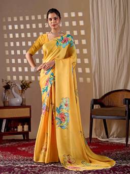 URBAN PALLU - Trendy Yellow Floral Satin Jamdani Saree