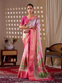 URBAN PALLU - Chic Pink Floral Satin Jamdani Saree