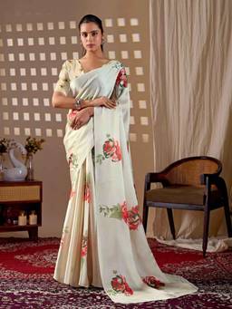 URBAN PALLU - Traditional Off White Floral Satin Jamdani Saree