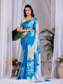 URBAN PALLU - Modern Blue Satin Jamdani Saree