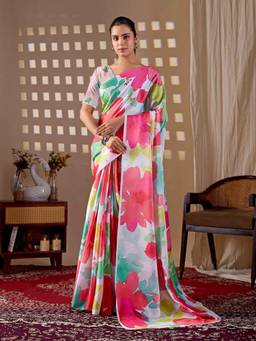 URBAN PALLU - Timeless Multi-Color Floral Satin Jamdani Saree