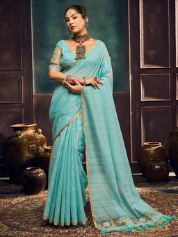 Sareemall - Women'S Muga Cotton Light Blue Woven Design Saree