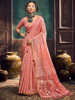 Sareemall - Women'S Muga Cotton Peach Woven Design Saree