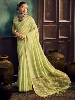 Sareemall - Women'S Muga Cotton Light Green Woven Design Saree