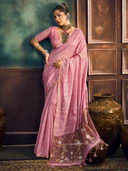 Sareemall - Women'S Muga Cotton Pink Woven Design Saree