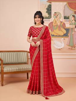 Sareemall - Women'S Vichitra Silk Red Embellished Saree