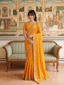 Sareemall - Women'S Vichitra Silk Yellow Embellished Saree