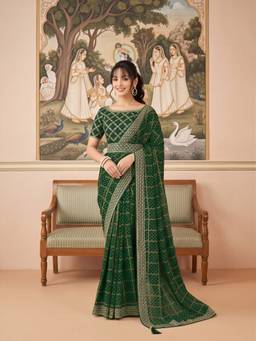 Sareemall - Women's Vichitra Silk Green Embellished Saree