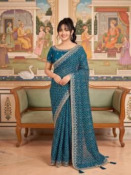 Sareemall - Women's Vichitra Silk Teal blue Embellished Saree
