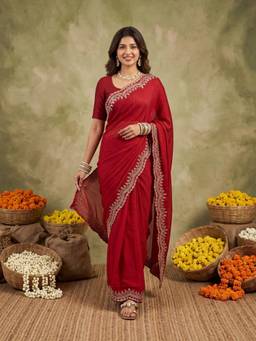 Sareemall - Women's Satin Silk Red Embroidered Saree