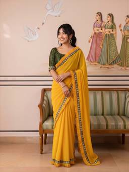 Sareemall - Women's Georgette Yellow Solid Saree