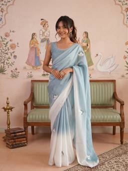 Sareemall - Women's Paper Silk Light Blue Embellished Saree