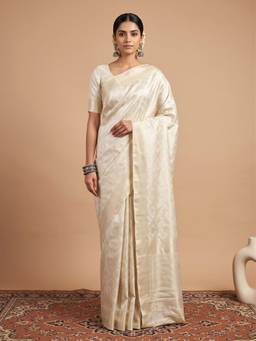 Akhilam - Women'S Silk Blend Off White Woven Design Festive Saree