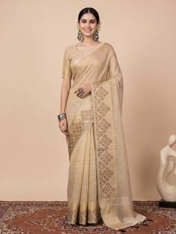 Akhilam - Women'S Tissue Cream Woven Design Saree