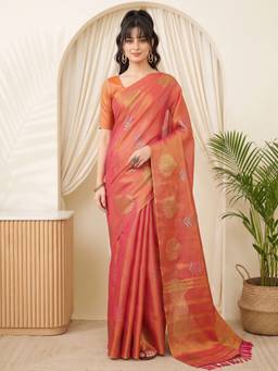 Akhilam - Orange Linen Woven Saree