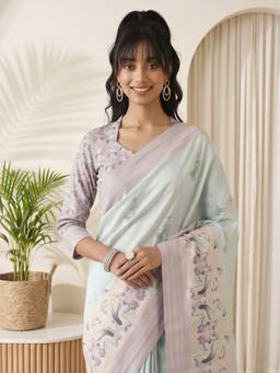 Akhilam - Women'S Silk Blend Light Blue Woven Saree