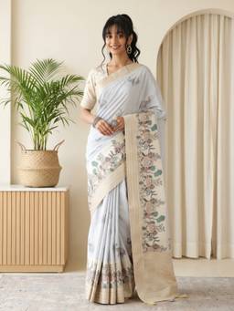 Sareemall - Women's Silk Blend Grey Printed Saree
