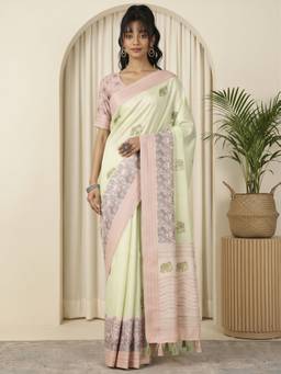 Akhilam - Women'S Silk Blend Light Green Woven Saree