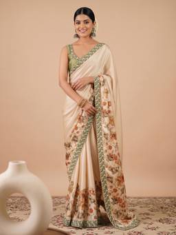 Akhilam - Women'S Satin Cream Digital Print Saree