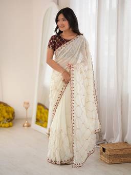 Akhilam - Women'S Georgette Off White Zari Embroidered Saree