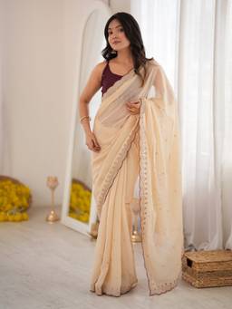 Akhilam - Women'S Georgette Cream Zari Embroidered Saree