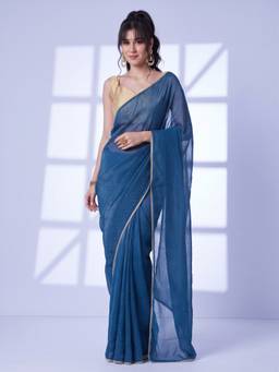 Sareemall - Women's Satin Silk Teal blue Embellished Saree