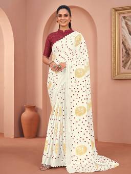 Akhilam - White Chiffon Printed Saree