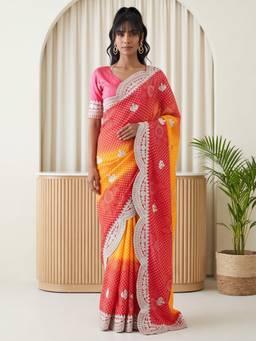 Akhilam - Red Chinon Printed Saree