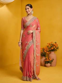 Sareemall - Women's Satin Silk Peach Zari Embroidered Saree