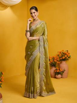 Sareemall - Women's Satin Silk Olive Zari Embroidered Saree