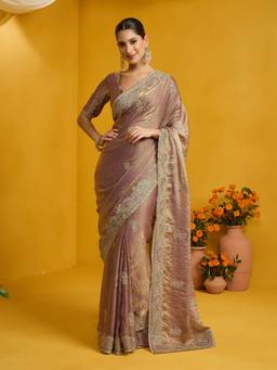 Sareemall - Women's Satin Silk Rose Gold Zari Embroidered Saree