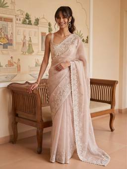 Sareemall - Women's Organza Beige Embellished Saree