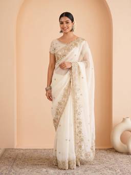 Akhilam - Women'S Satin Off White Embellished Saree