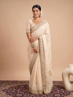 Akhilam - Women'S Satin Off White Embellished Saree