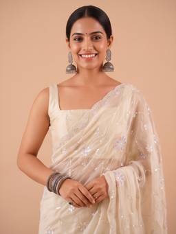 Akhilam - Women'S Satin Off White Embellished Saree