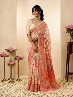 Sareemall - Women's Cotton Silk Cream Woven Design Saree
